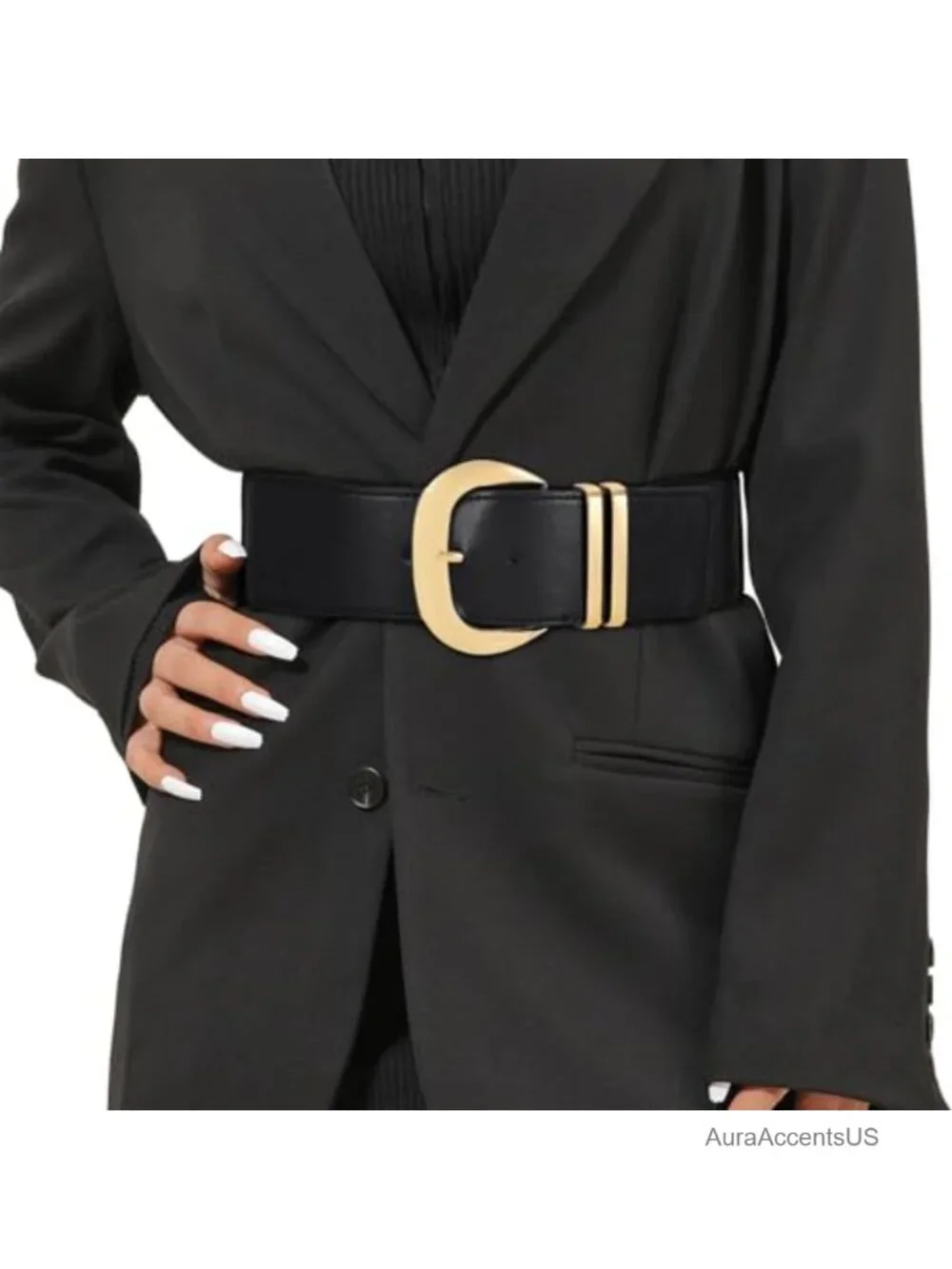 Wide Elastic Belt for Dresses with Gold Buckle Stretchy PU Leather Waistband